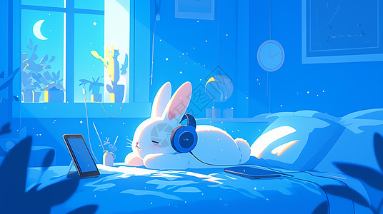 夜晚躺在床上戴耳麦听音乐的卡通小白兔插画