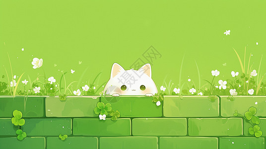 草露趴在绿色墙头一只可爱卡通小白猫插画