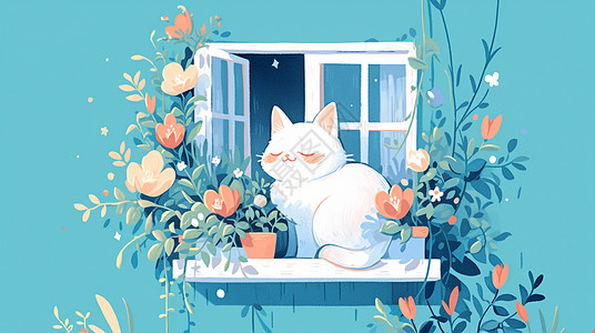 在窗台上的一只可爱的卡通小白猫插画