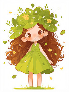 很多叶子身穿绿色连衣裙头上戴很多树叶的可爱卡通小女孩插画