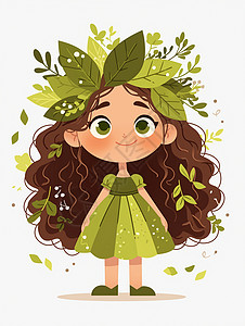 很多叶子身穿绿色连衣裙头上戴着很多树叶的卡通小女孩插画