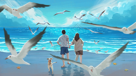 美国 沙滩夏日海边度假的情侣插画