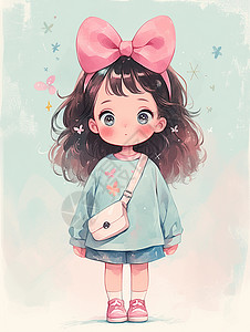 彩色水桶包头上戴着粉色蝴蝶结发卡的可爱卡通女孩插画