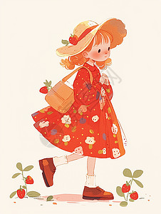 背红色包的女孩头上戴着大草帽身穿红色草莓裙的卡通小女孩插画