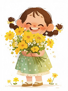 花色花朵身穿绿色连衣裙抱着花束开心笑的卡通小女孩插画
