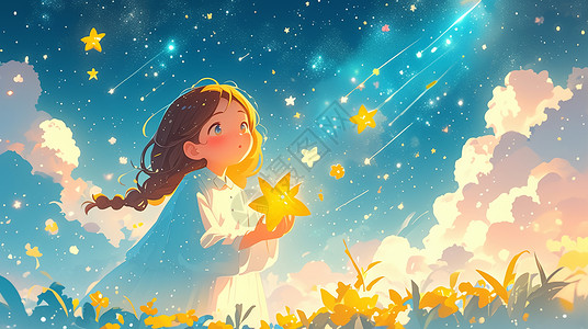 梦幻星空夜晚摘星星的可爱卡通小女孩图片