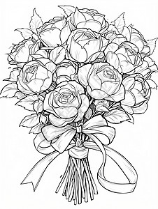 黑线稿山一束手绘线稿风美丽的卡通玫瑰花插画