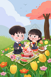 糖粉蛋糕毕业季情侣夏日旅行休闲野餐庆祝竖版插画插画