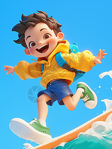 穿泳裤男孩穿黄色卫衣蓝色短裤在玩冲浪板的立体卡通小男孩插画