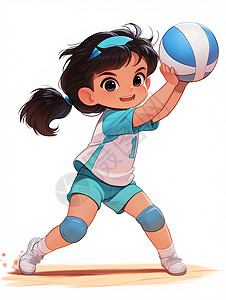 男运动装头上戴着蓝色发卡打排球做运动的卡通小女孩插画