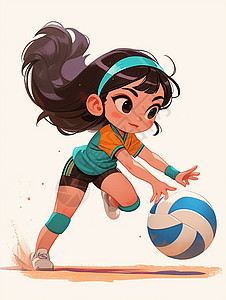 打排球的孩子戴着蓝色发卡打排球做运动的卡通小女孩插画