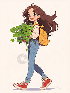 一束草抱着一束绿色幸运草背着包走路的卡通女孩插画