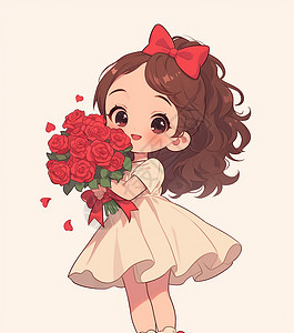 领连衣裙身穿白色连衣裙抱着玫瑰花束开心笑的卡通女孩插画