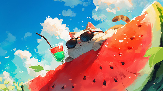 可爱夏日西瓜趴在西瓜上悠闲喝饮料的卡通小花猫插画