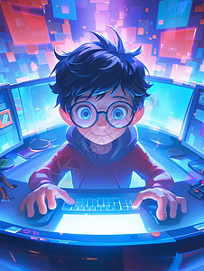 戴着黑框眼镜夜晚在电脑前打键盘忙碌的卡通男孩高清图片