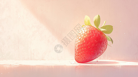 卡通水果草莓简约淡粉色背景上一颗红色诱人的卡通草莓插画