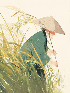 绿稻戴着草帽在稻旁的卡通农民插画