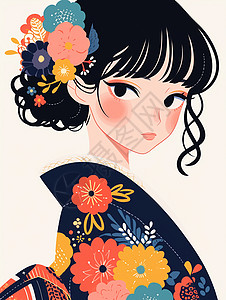 和服卡通穿着日式传统服装戴小花装饰的卡通女人插画
