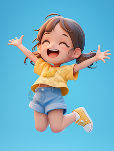 高兴跳起女孩穿黄色T恤蓝色短裤开心跳起的卡通小女孩插画