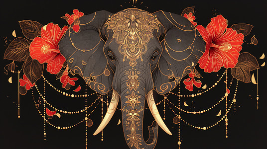 标头背景红色花朵华丽装饰的卡通大象头装饰画插画