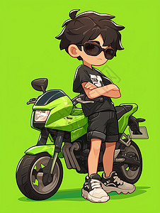 黑色酷穿着一身黑色服装帅气的卡通小男孩站在绿色摩托车旁插画