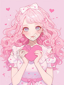 抱着小红心的粉色头发卡通小公主高清图片