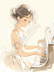 弹钢琴卡通钢琴前优雅弹钢琴的卡通女人插画