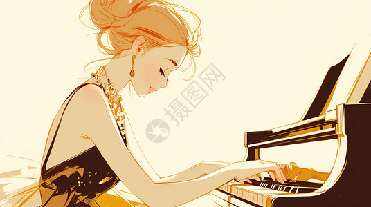 弹钢琴卡通坐在钢琴前弹钢琴的卡通女人插画