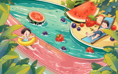 水果芋圆二十四节气夏至夏天乐园滑梯游泳池游泳西瓜GIF高清图片