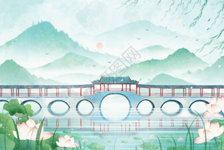 新中式古典夏天小暑中国风水墨荷花风景山水画GIF高清图片