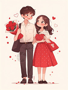 束玫瑰花在一起甜蜜的卡通情侣插画