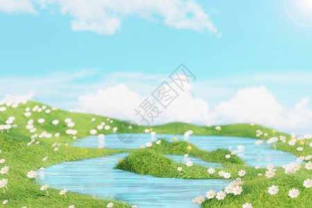 红白花开满花的草地水面场景设计图片