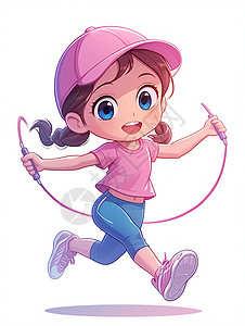 粉色绳子戴粉色棒球帽开心玩绳子的卡通小女孩插画
