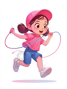 绳子卡通戴着粉色棒球帽玩绳子的卡通小女孩插画