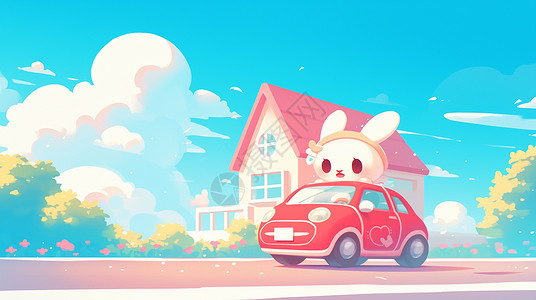 开小车开小红车的可爱卡通小白兔插画