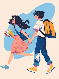 一起跑背着书包一起奔跑上学的卡通男生女生插画