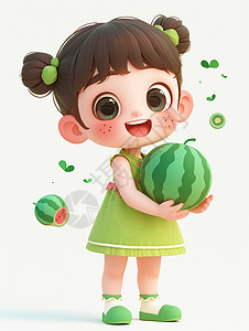 穿绿色连衣裙抱着西瓜的立体可爱的卡通小女孩高清图片