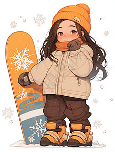 米色上衣头上戴着橙色帽子穿着厚厚的滑雪服拿着滑雪板的时尚卡通女孩插画