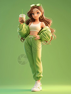 绿色珍珠奶茶穿着绿色时尚运动套装手拿奶茶的卡通女孩插画