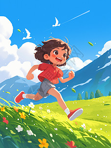 穿着红色T恤开心奔跑在草地上的卡通女孩图片
