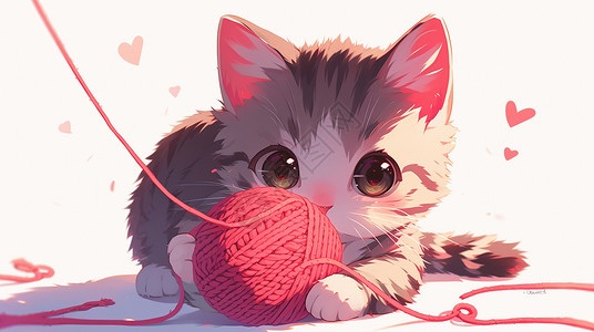 涤纶丝线与大大的红毛线球玩耍的可爱卡通小花猫插画