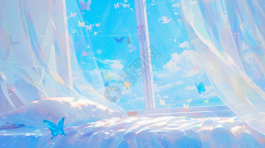 窗帘窗纱卧室打开的薄纱卡通窗帘窗边飞舞着各种漂亮蓝色卡通蝴蝶插画