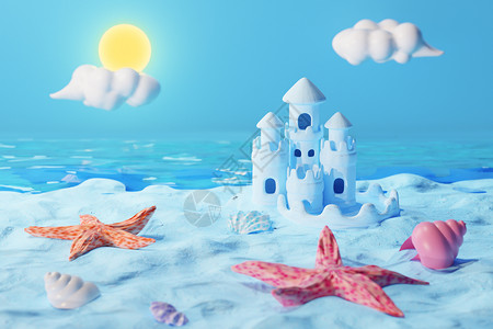 熟海螺夜晚蓝色沙滩卡通场景设计图片