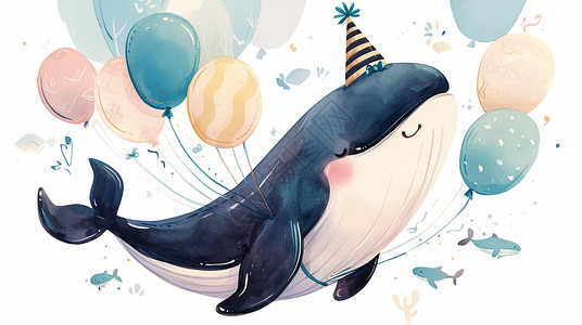 手拿气球孩子头上戴着生日帽手拿气球的可爱卡通鲸鱼插画