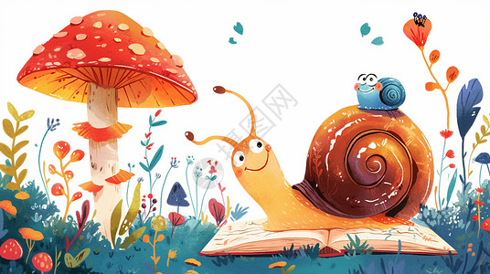 红色可爱的卡通蘑菇与蜗牛高清图片