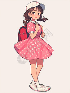 粉色学生书包身穿波点连衣裙背着粉色书包乖巧可爱的卡通小女孩插画