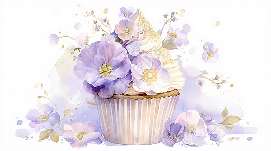 纸杯蛋糕装饰淡紫色漂亮的卡通花朵装饰的卡通蛋糕插画