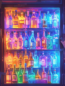 有色饮料冰箱中荧光漂亮的各种卡通啤酒插画