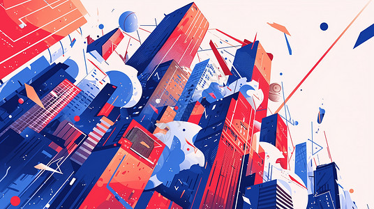 红蓝撞色年会红蓝撞色科幻现代的卡通城市插画