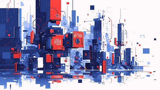 红蓝撞色年会红蓝撞色科幻的卡通城市插画